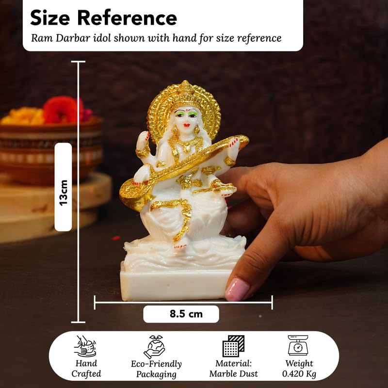 Aura Series Marble Dust Maa Saraswati Idol (5 inch) | Gold Plated Saraswati Maa Murti for Study Table, Pooja Room & Home Decor | Resin Saraswathi Devi Pital Idol | Saraswati Statue for Gifting