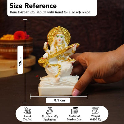 Aura Series Marble Dust Maa Saraswati Idol (5 inch) | Gold Plated Saraswati Maa Murti for Study Table, Pooja Room & Home Decor | Resin Saraswathi Devi Pital Idol | Saraswati Statue for Gifting
