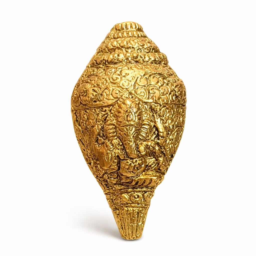 Kalakriti Metal Shankh Showpiece | Antique Gold Plated Carved Conch for Pooja Temple Vastu | Decorative Sankh for Home Décor | Auspicious Diwali Religious Gift (1 Pc)