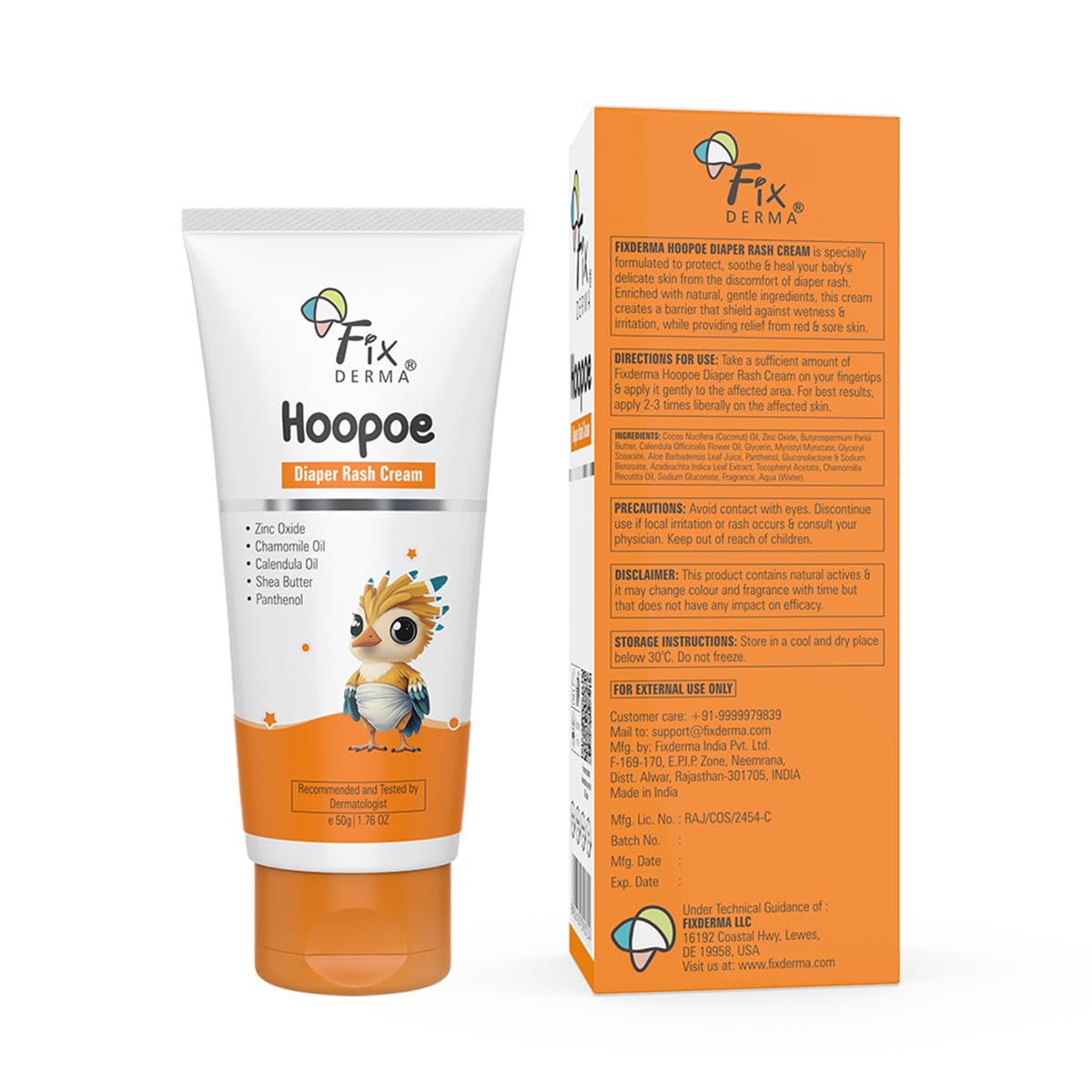 Fixderma Hoopoe Diaper Rash Cream for baby with Zinc Oxide & Panthenol | Prevent Rashes, Redness & Irritation | Baby Rash Cream | Dermatologist Tested (50G)