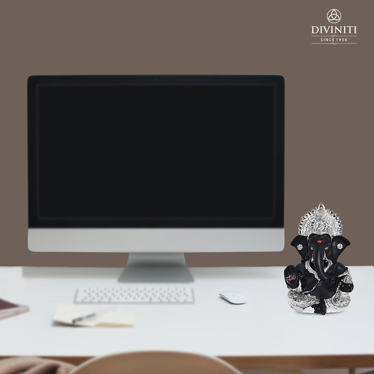 999 Silver Plated Resin Lord Ganesha Idol for Car Dashboard, Tabletop|Ganesh Statue for Good Luck and Success|Ganpati Murti for Home Decor Mandir, Office Desk Puja Gift Black (8.4x4.2cm)