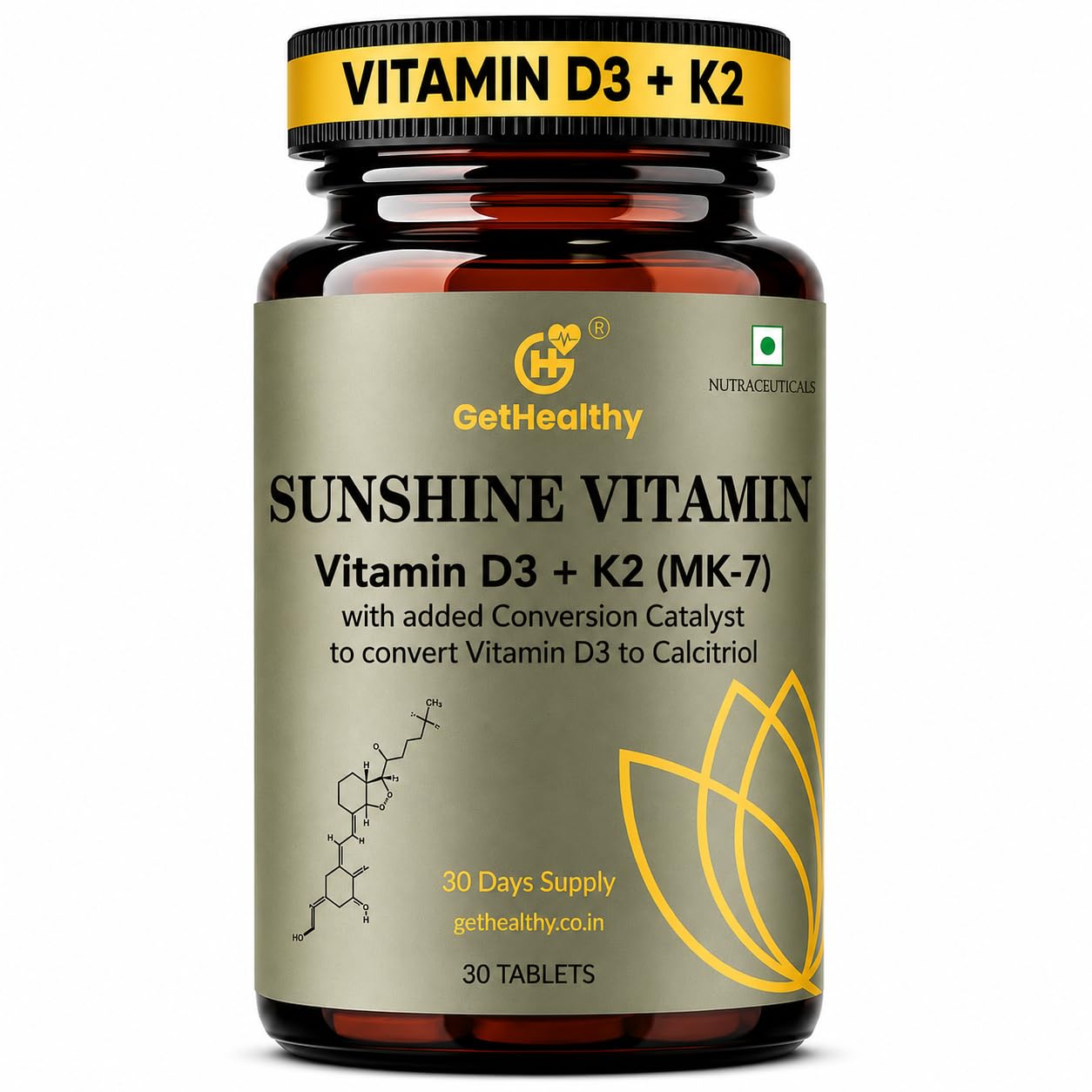 Bottle of Sunshine Vitamin with Vitamin D3 + K2 on a white background
