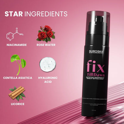 Suroskie Fix Till Dawn Makeup Fixer 100Ml | Long Lasting Makeup Setting Spray With Matte Finish | Niacinamide & Hyaluronic | Lasts Up To 15Hrs | Non Sticky, Quick Drying & Waterproof | All Skin Types