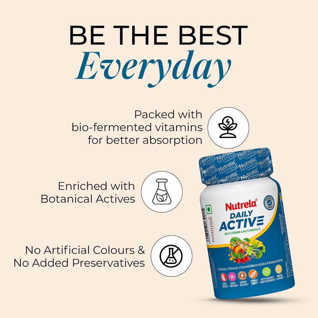 Nutrela Multivitamin by Patanjali | 30 Veg Tablets | With Vitamins, Minerals, Natural Extracts & Amino Acids | Daily Wellness Supplement for Men & Women