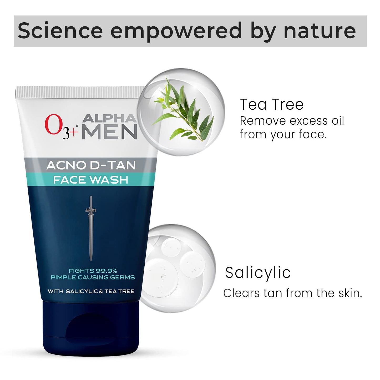 O3+ ALPHA MEN Acno D-TAN Face Wash with Tea Tree 100g for Oily Skin | Detan Face Wash for TAN Removal | Removes Acne and Dirt