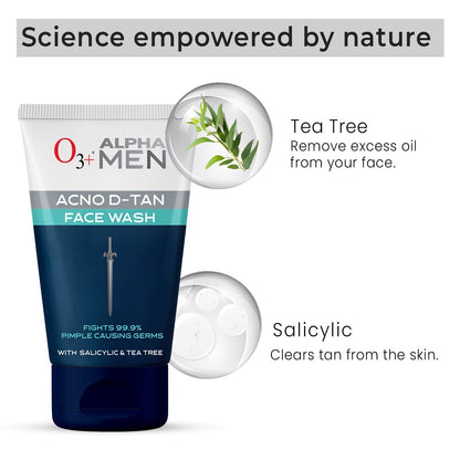 O3+ ALPHA MEN Acno D-TAN Face Wash with Tea Tree 100g for Oily Skin | Detan Face Wash for TAN Removal | Removes Acne and Dirt