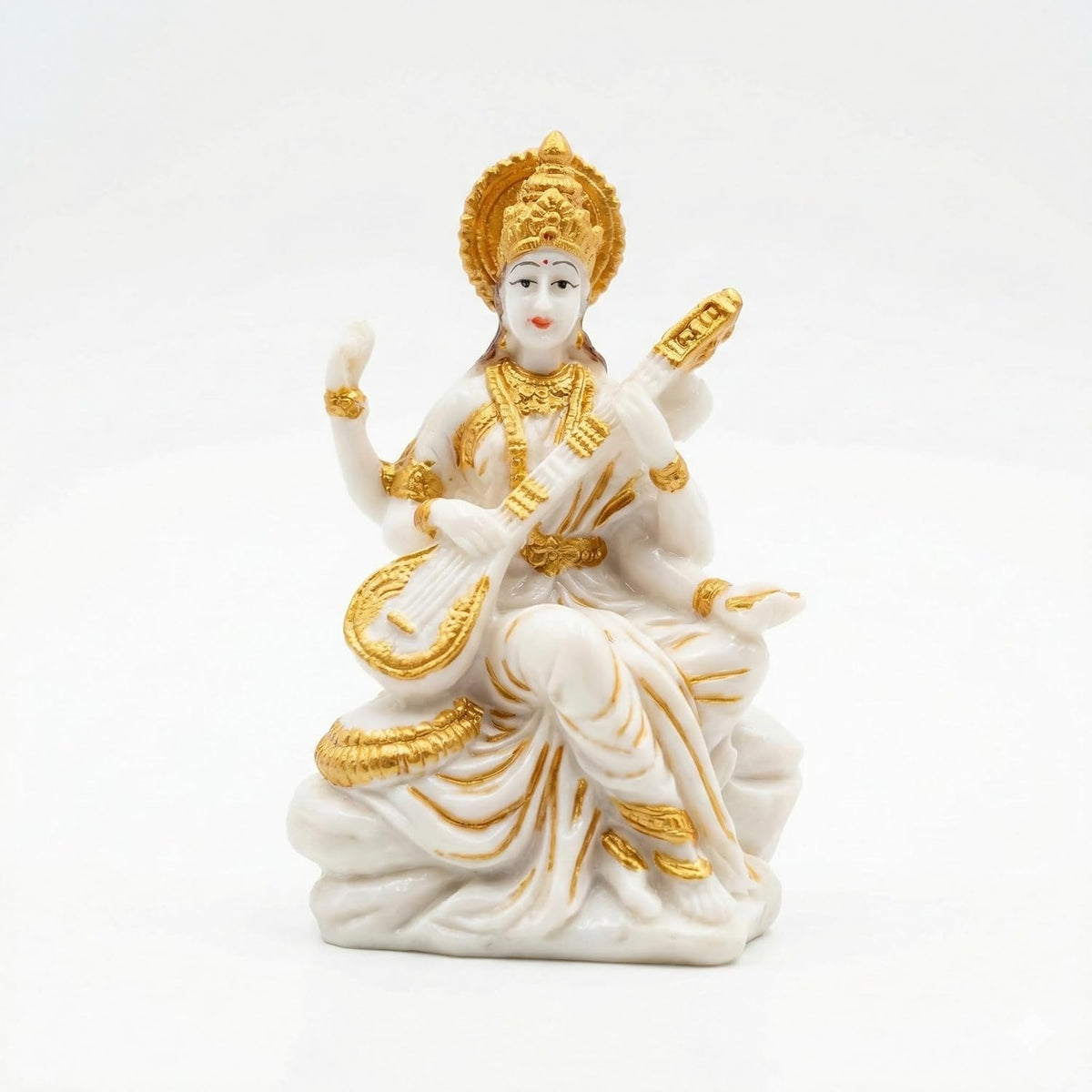 Mini Handcrafted Saraswati maa Idol (3 Inch) – White & Gold Finish Resin Murti with Veena for Home Mandir, Study Desk Décor & Spiritual Gift
