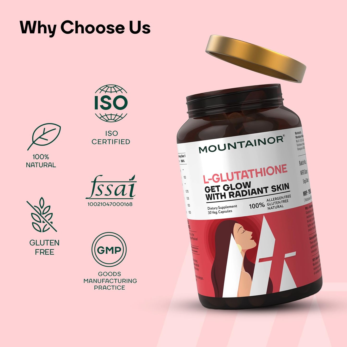 Mountainor L-Glutathione supplement bottle with certification logos on a pink background