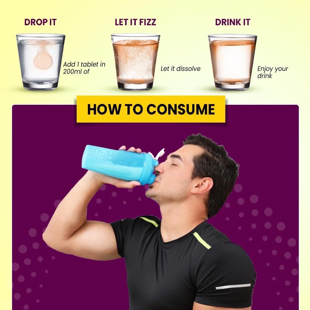 Instructions on how to consume a product with images of tablets溶解ing in water and a person drinking from a blue bottle.