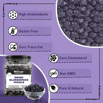 RiTrue - Original No Refined Sugar Blueberry (Seedless) - 250 Gm Jar - No Additives Blueberries Dry Fruits blue berry