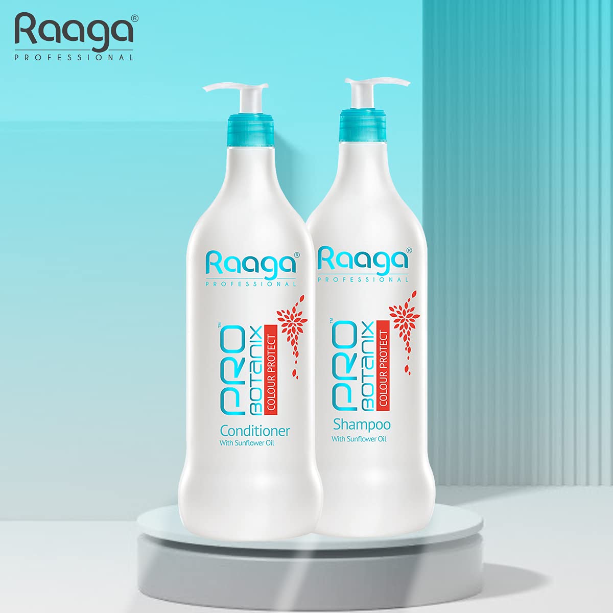 Two bottles of Raaga Pro Biotrix shampoo and conditioner on a light blue background