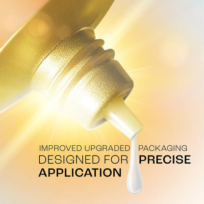 Gold bottle with a droplet of liquid on a gradient background, emphasizing precise application.
