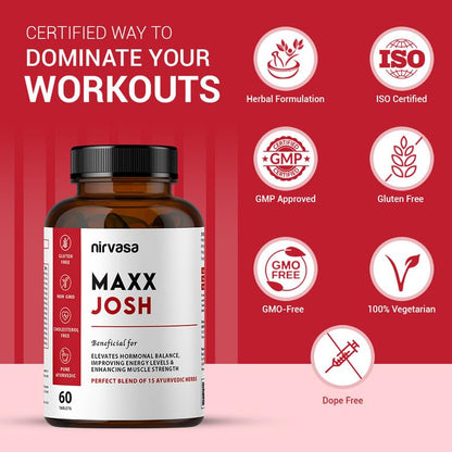 Nirvasa Maxx Josh Testosterone Supplement (500mg, 60 Tabs) | Boosts Testosterone, Muscle Strength & Energy | Enhances Performance, Stamina & Vitality | Ashwagandha, Gokshura & Safed Musli