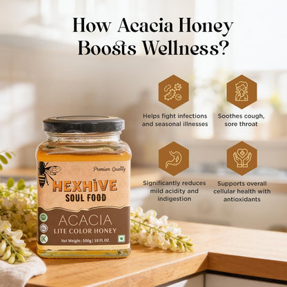 Jar of Hexhive Acacia honey with wellness benefits on a blurred background