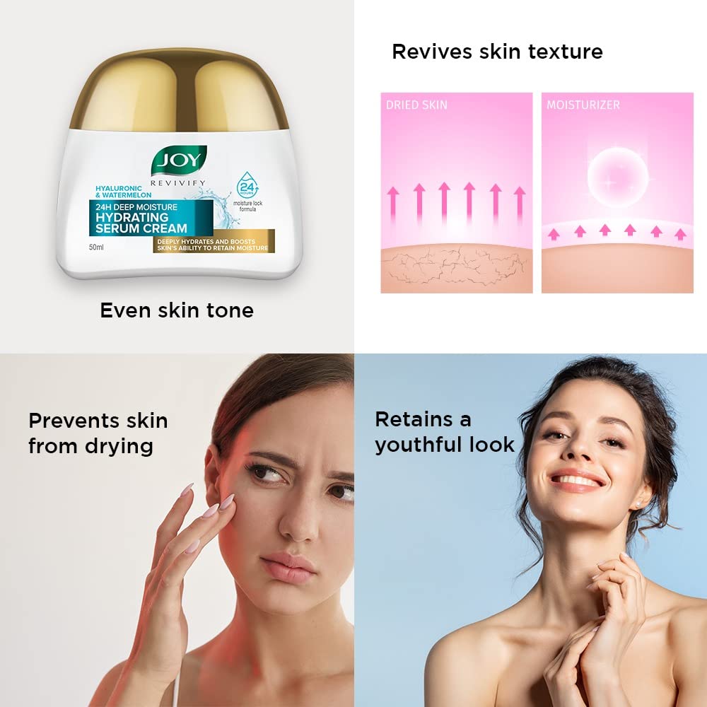 Joy Revivify Hyaluronic & Watermelon 24H Deep Moisture Hydrating Serum Cream | Deep Moisturizing Cream | Silky Smooth Feel | Vitamin A, C, E & B6 | Cocoa Butter – 50 ml