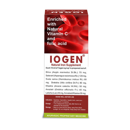 IOGEN natural iron supplement packaging with red and white design