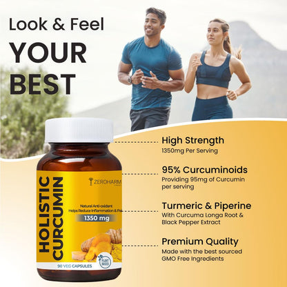 ZEROHARM Holistic Curcumin Capsules 1350mg | 95% Curcuminoids with Piperine & Black Pepper | High Absorption Turmeric Curcumin Supplement for Joint, Immunity & Inflammation Support | 90 Capsules