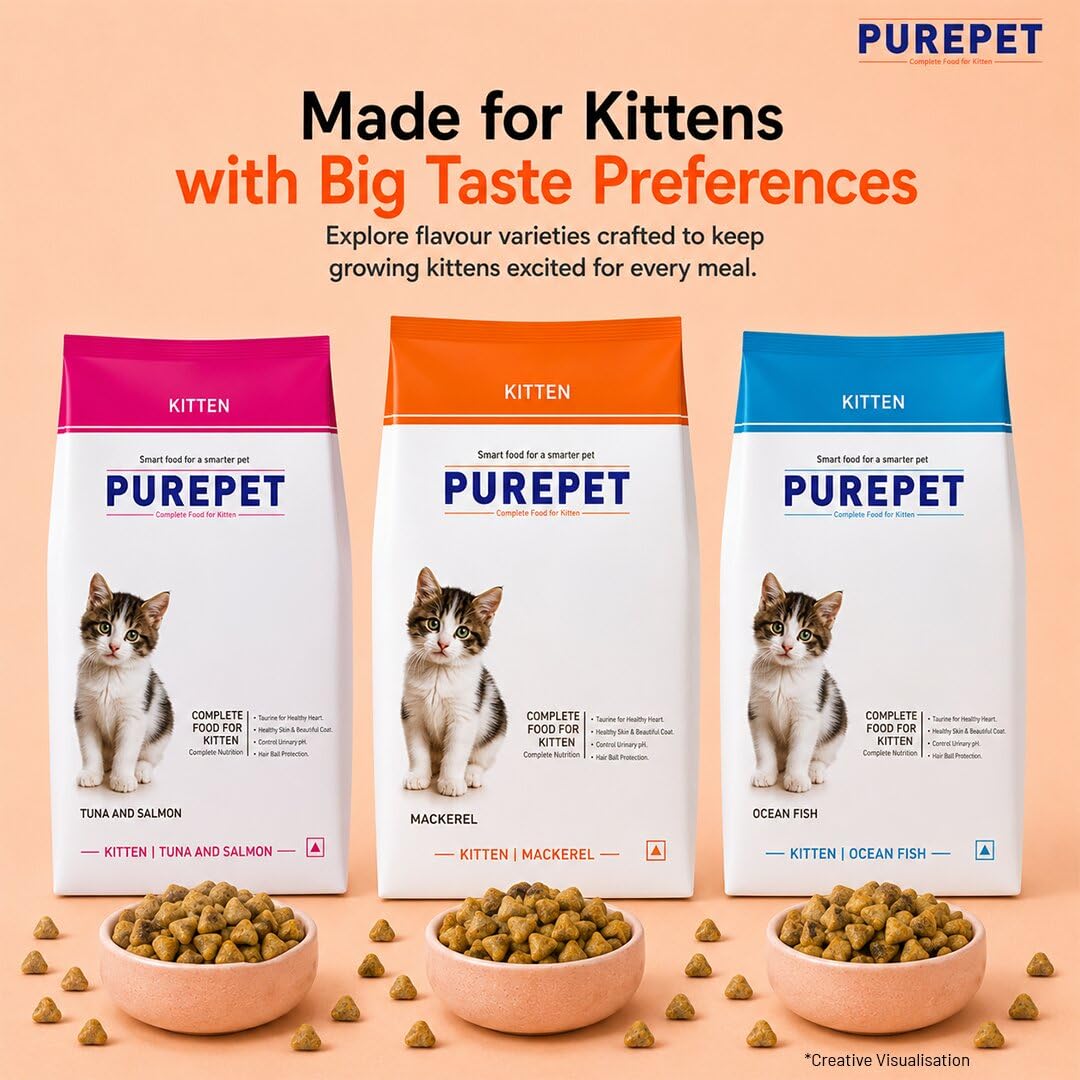 Purepet Kitten Dry Cat Food 1.2kg Pack | Mackerel Flavour | Active Behaviour | Hairball Control |Urinary Tract Health | Nutrient Rich | Minerals