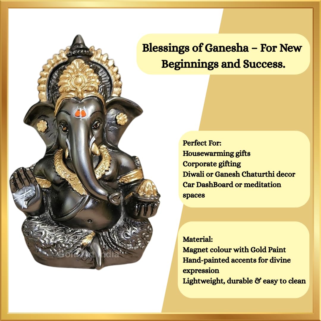 Gold Art India's Ganesha Idol (3.5") - Electroplated Magnet-Color with Golden Jewelry - Perfect for Home or Car Dashboard, Resin, Idol