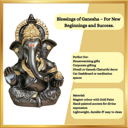 Gold Art India's Ganesha Idol (3.5") - Electroplated Magnet-Color with Golden Jewelry - Perfect for Home or Car Dashboard, Resin, Idol