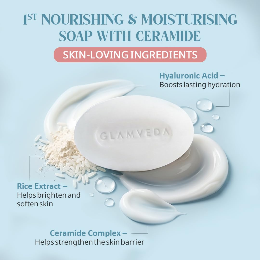 Glamveda Rice & Ceramide Skin Brightening Soap with Hyaluronic Acid | Deeply Nourishes & Moisturised | Soft & Smooth Skin | Soap for Men & Women | 75 g (Pack of 1)