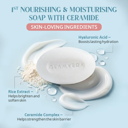 Glamveda Rice & Ceramide Skin Brightening Soap with Hyaluronic Acid | Deeply Nourishes & Moisturised | Soft & Smooth Skin | Soap for Men & Women | 75 g (Pack of 1)