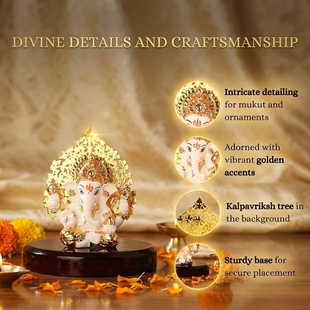 24k Gold Plated Kalpavrikshya Tree Ganesh Idol Ganpati Murti for Car Dashboard, Office Desk, Hindu God Gift & Home Decor - Resin (White)