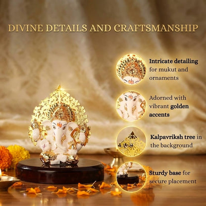 24k Gold Plated Kalpavrikshya Tree Ganesh Idol Ganpati Murti for Car Dashboard, Office Desk, Hindu God Gift & Home Decor - Resin (White)