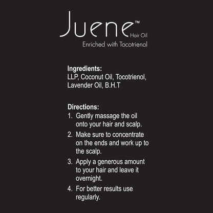 Instructions and ingredients list for Juene hair oil on a black background