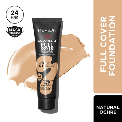 REVLON Colorstay Full Cover Foundation for woman, 24HRS Longwear + care, Vitamin E, Protects from Pollutions + Multimineral Powder, Sweat proof, Heat & Humidity Resistant, Natural Ochre (290)
