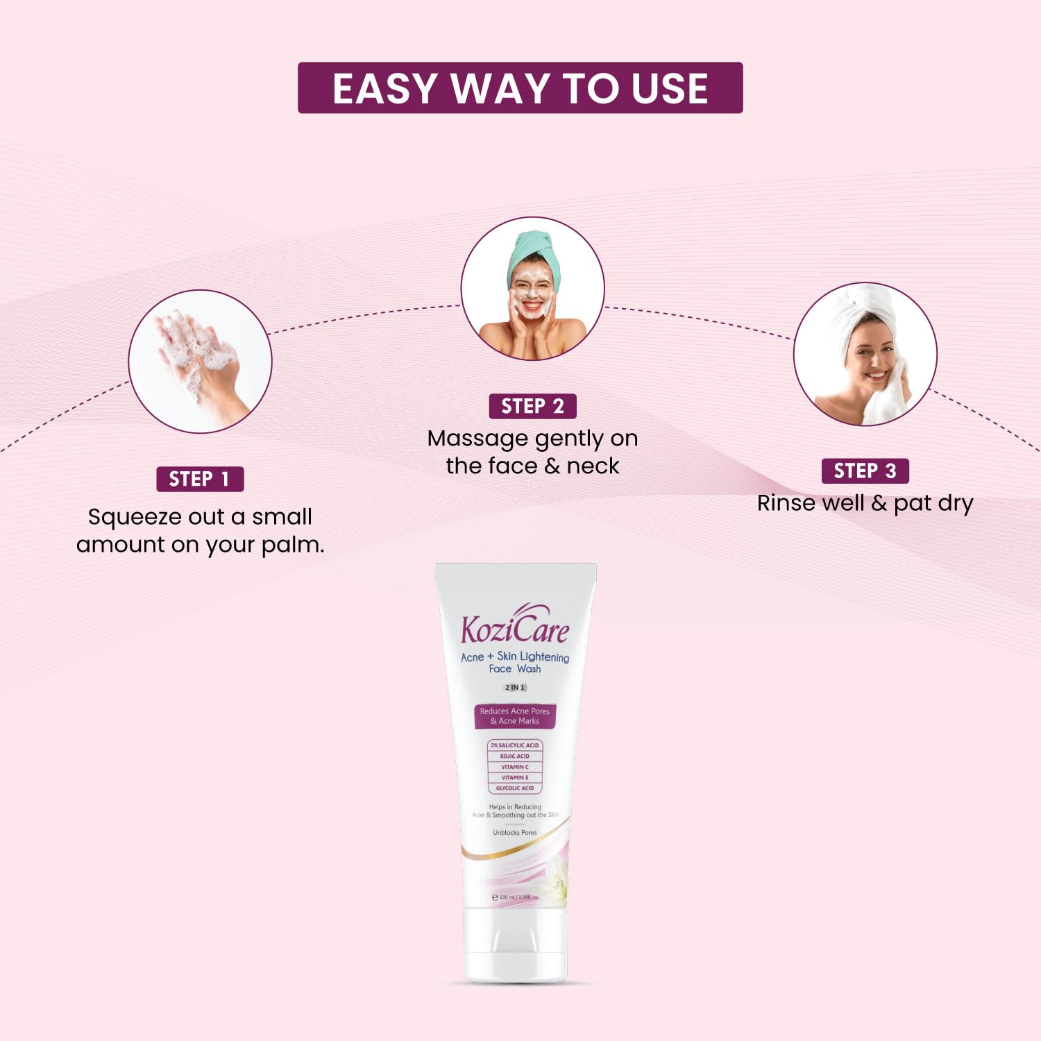 Kozicare face wash with step-by-step usage instructions on a pink background