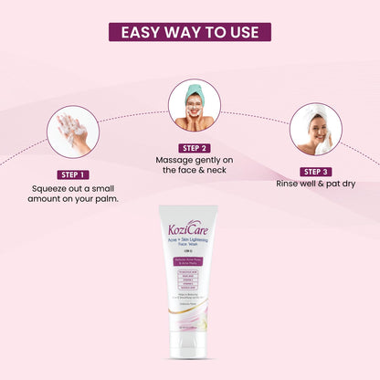 Kozicare face wash with step-by-step usage instructions on a pink background
