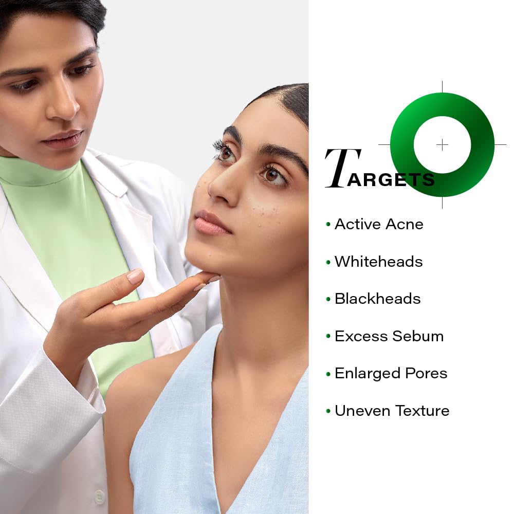Doctor examining a patient's face with a list of skincare targets on the right.