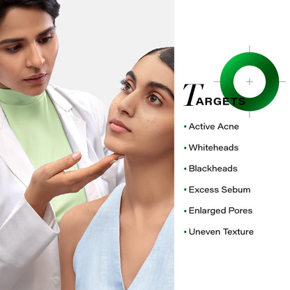 Doctor examining a patient's face with a list of skincare targets on the right.