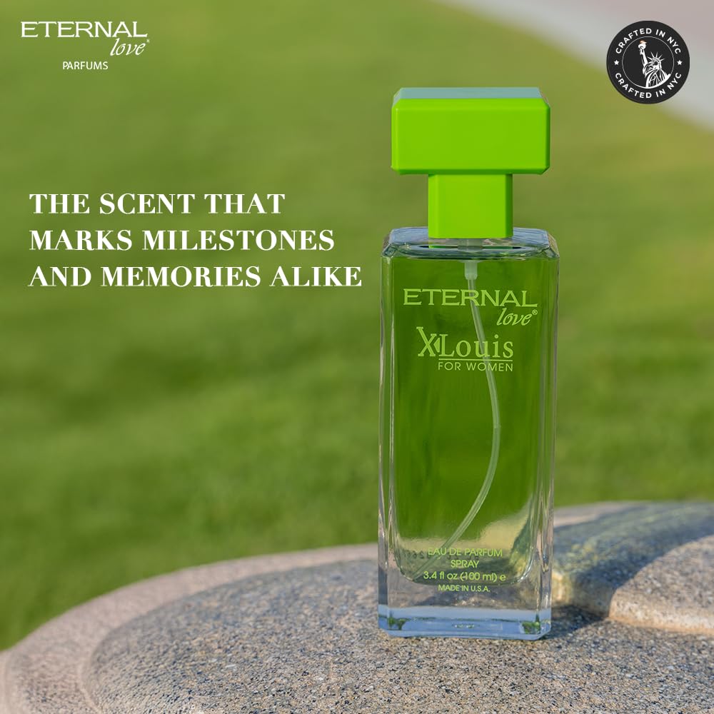 Green perfume bottle labeled 'Eternal Love' by XLouis on a stone surface with grass background