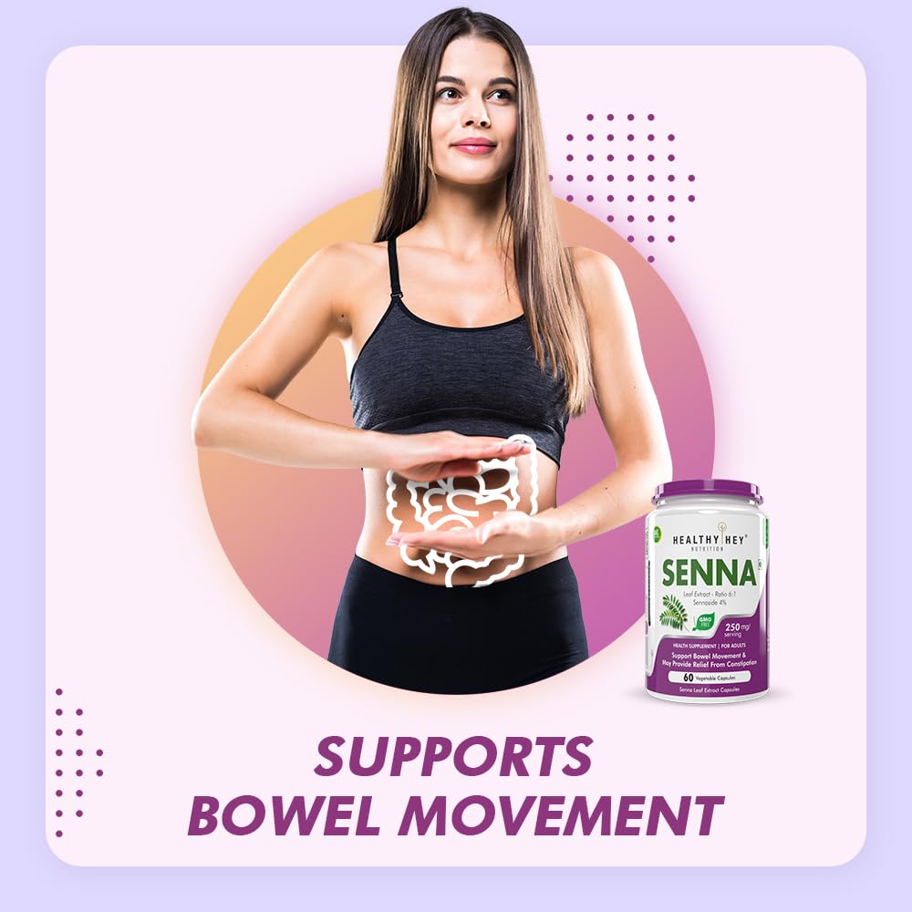 Woman holding a model of intestines with a Senna supplement bottle on a colorful background