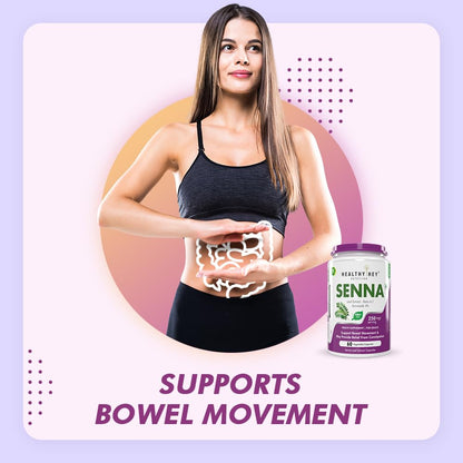 Woman holding a model of intestines with a Senna supplement bottle on a colorful background