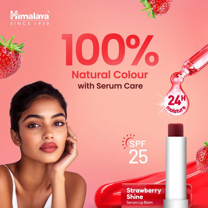 Himalaya Strawberry Shine Serum Lip Balm advertisement with a woman, strawberry, and product on a pink background.
