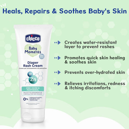 Chicco Baby Moments Diaper Rash Cream, New Advanced Triple Protection Skin Shield Formula with Natural Ingredients to Prevent Rashes & Irritation, No Phenoxyethanol & Parabens (100g)