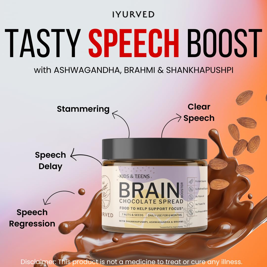 Good for Speech delay, Eye Contact, Concentration, Memory, Focus : Iyurved Kids and Teens Brain Booster Chocolate Spread | Shankhapushpi | Ashwagandha | Brahmi | (340gm)