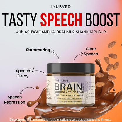 Good for Speech delay, Eye Contact, Concentration, Memory, Focus : Iyurved Kids and Teens Brain Booster Chocolate Spread | Shankhapushpi | Ashwagandha | Brahmi | (340gm)