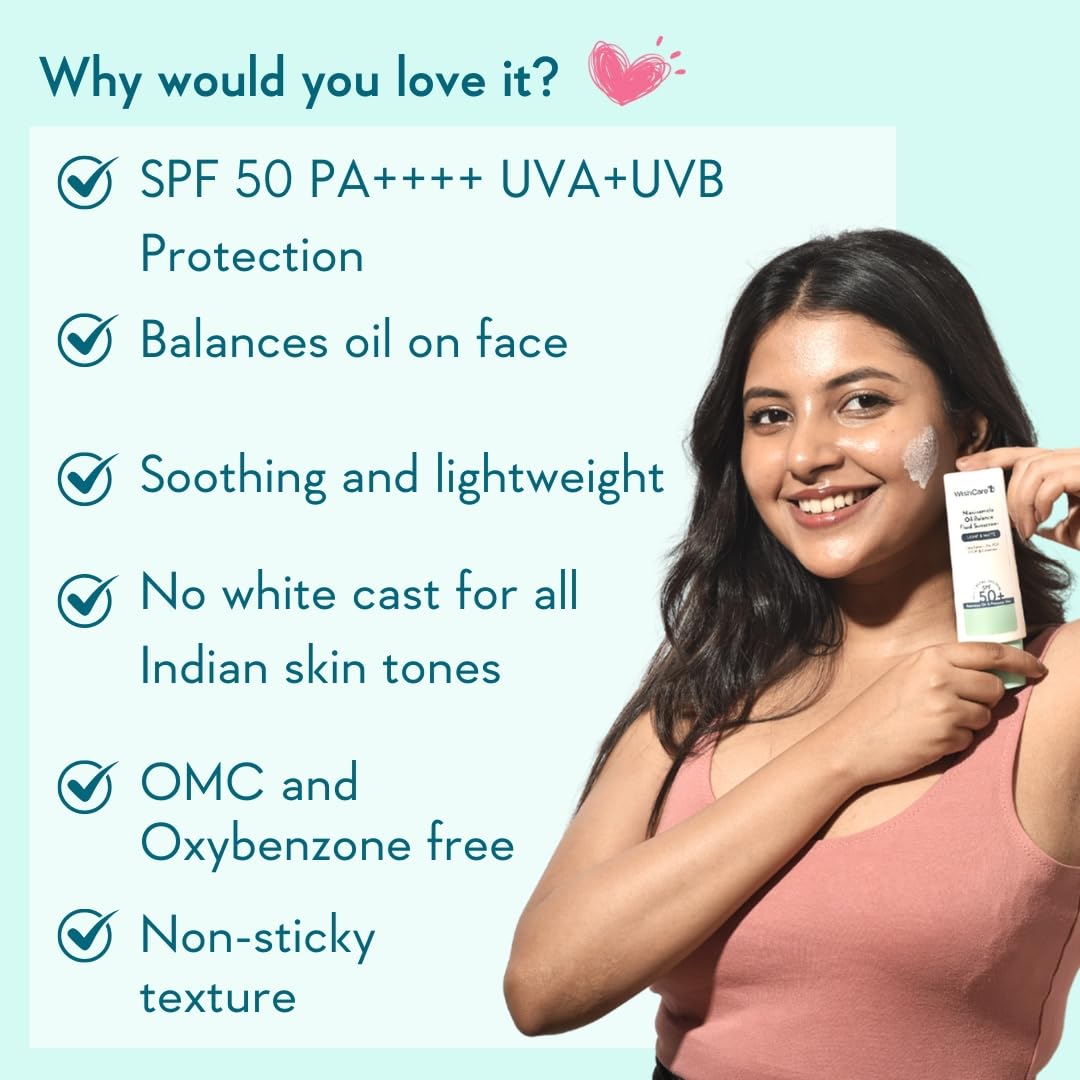 Woman applying sunscreen with product details on a light blue background
