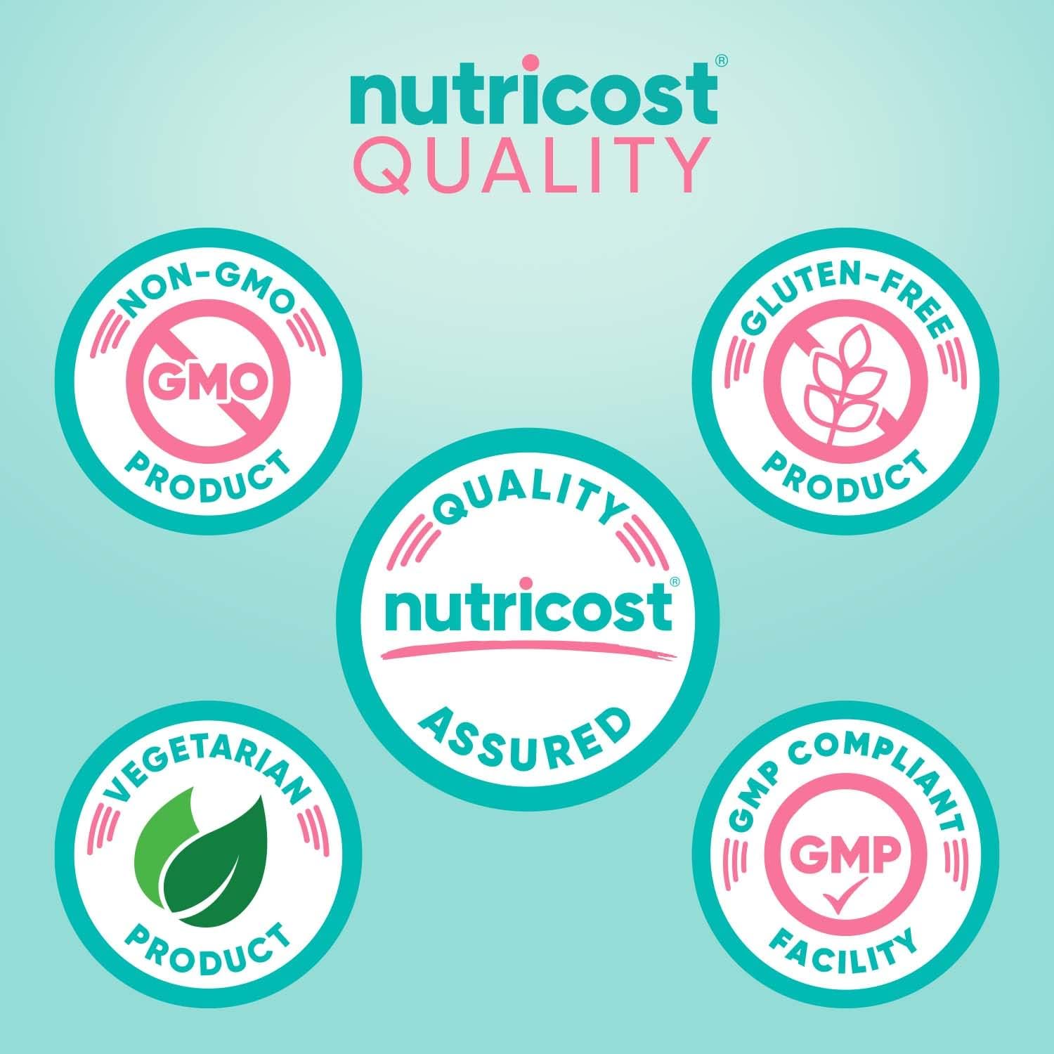 Collection of Nutricost quality assurance logos on a light blue background