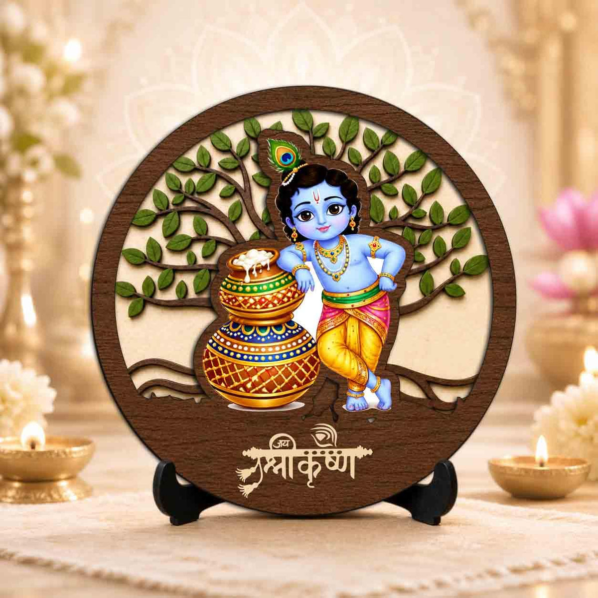 Plan To Gift Bal Gopal Round Wooden Devotional Idol with Stand for Puja Room, Home Decor & Religious Gift - 5x5 Inch