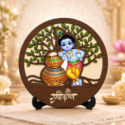 Plan To Gift Bal Gopal Round Wooden Devotional Idol with Stand for Puja Room, Home Decor & Religious Gift - 5x5 Inch