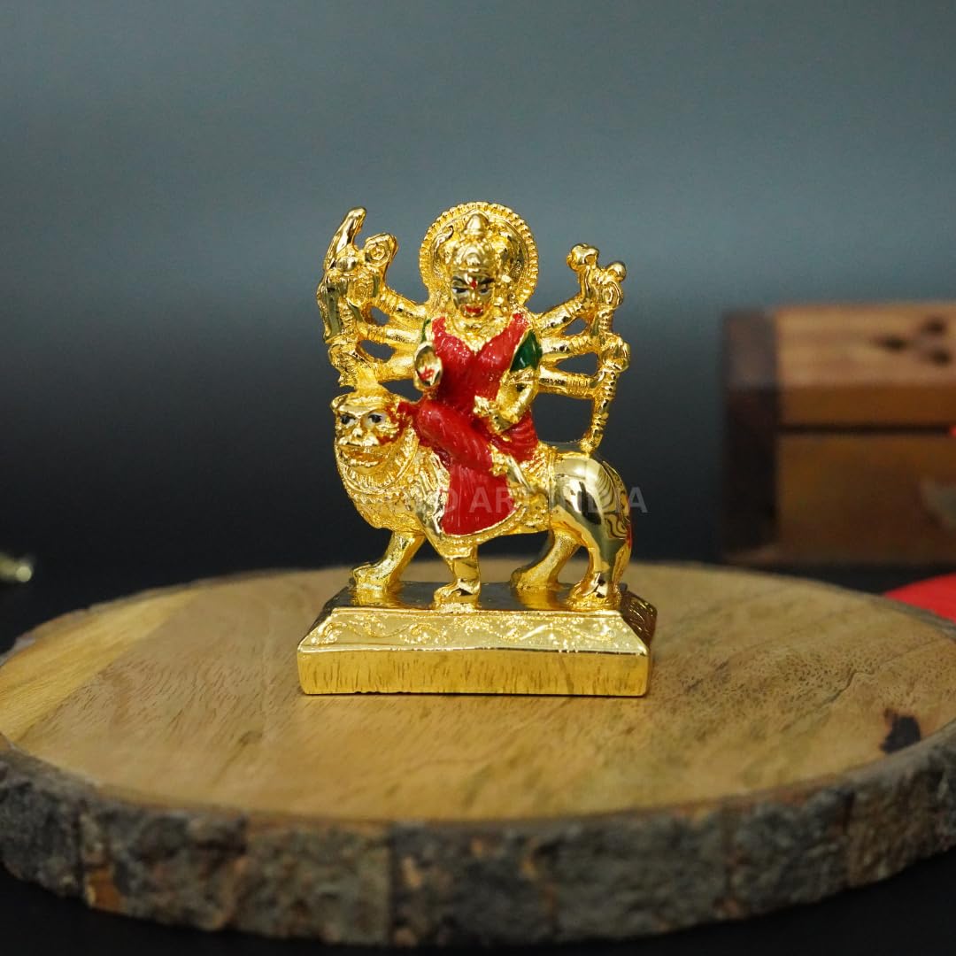 Gold Art India Gold Plated Ambe MATA Idol – Small Murti with Red & Green Attire | Goddess Durga Sitting on Lion – 2.7 Inch Poly-Resin Statue for Car Dashboard, Home & Office Worship