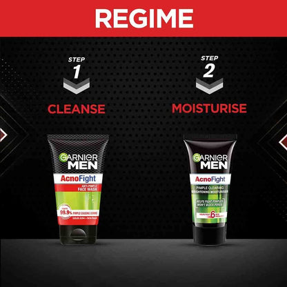Garnier Men Acno Fight products with 'Regime' branding on a black background