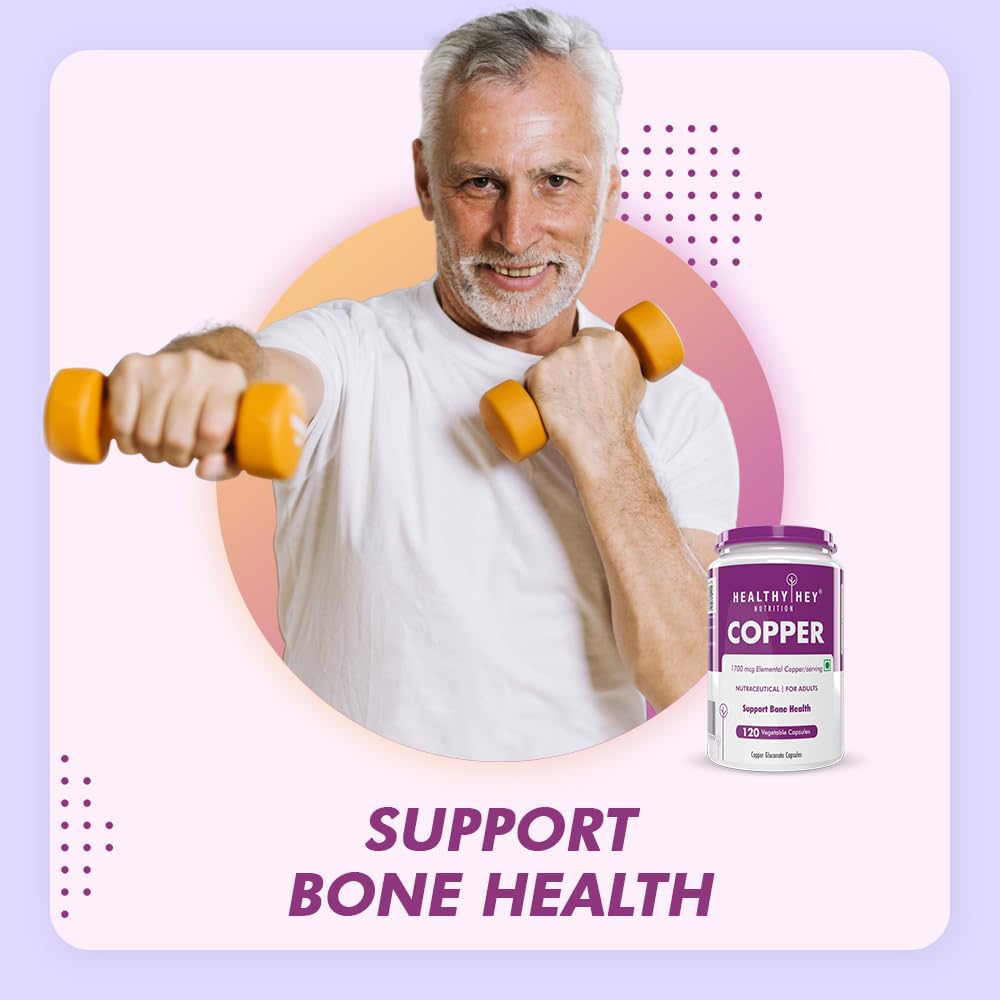 Man exercising with dumbbells next to a supplement bottle labeled 'Healthy Bee Copper' on a light purple background.