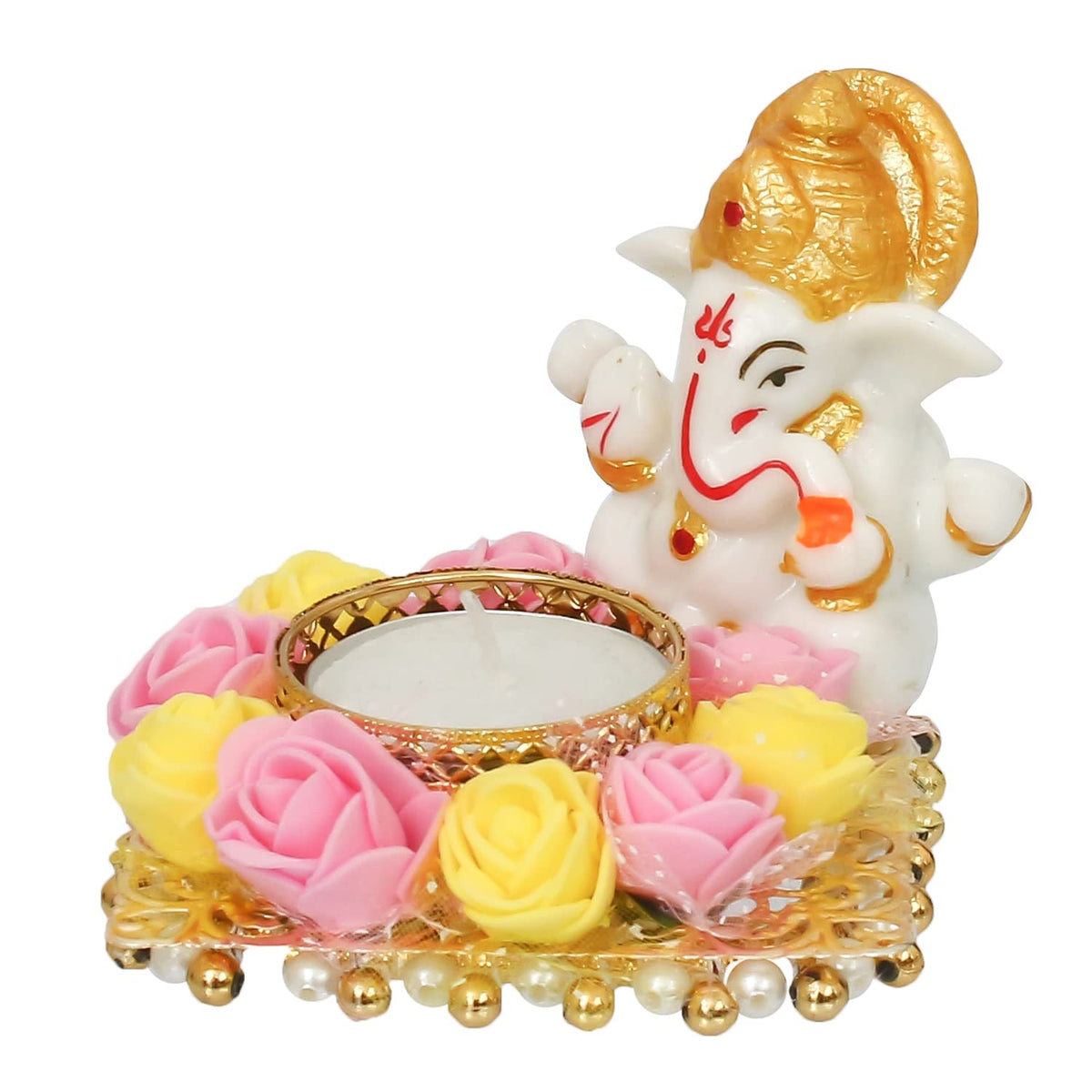 Resin Lord Ganesha Idol on Decorative Flower Plate Tea Light Candle Holder|Ganpati Murti Tea Light Holder Diwali Decoration Item for Home Decor Office|Gift for Diwali Housewarming Birthday