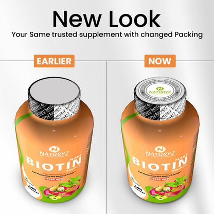 Comparison of Naturez Biotin supplement packaging, earlier and now, on a white background.